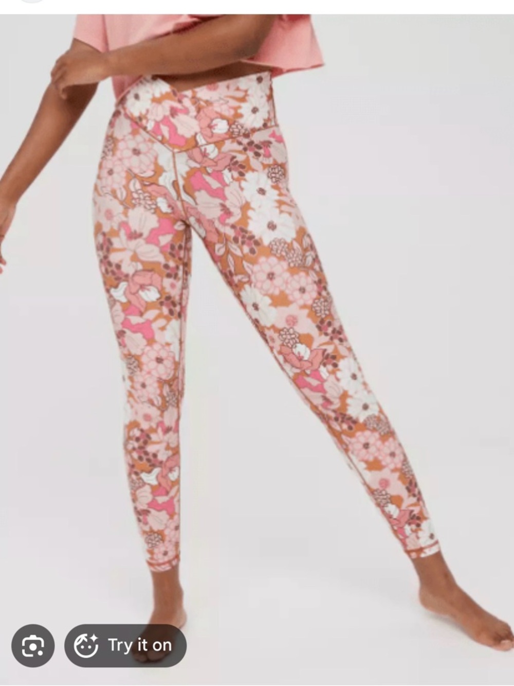 Aerie crossover hazel Floral High-Waist Active Leggings - Pink & Brown small
